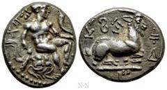 Greek Coins CYPRUS. Salamis. Evagoras I (Circa 411-374 BC). 1/3 Stater - Tetrobol. Obv: Herakles seated right on rocks, holding club and cornucopia; Cypriot legend around. Rev: Goat kneeling right; Cy