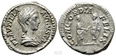Roman Imperial Coins PLAUTILLA (Augusta, 202-205). Denarius. Rome. Obv: PLAVTILLA AVGVSTA. Draped bust right. Rev: CONCORDIA FELIX. Plautilla and Caracalla standing facing each other, clasping hands. 