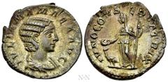 Roman Imperial Coins JULIA MAMAEA (Augusta, 222-235). Denarius. Rome. Obv: IVLIA MAMAEA AVG. Draped bust right. Rev: IVNO CONSERVATRIX. Juno standing left, holding patera and sceptre; to left, peacock