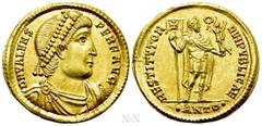 Roman Imperial Coins VALENS (364-378). GOLD Solidus. Antioch. Obv: D N VALENS PER F AVG. Diademed, draped and cuirassed bust right. Rev: RESTITVTOR REIPVBLICAE / •ANTΘ•. Emperor standing facing, head 