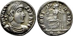 Roman Imperial Coins VALENS (364-378). Siliqua. Rome. Obv: D N VALENS P F AVG. Diademed, draped and cuirassed bust right. Rev: VRBS ROMA / R Q. Roma seated left on throne, holding victoriola and scept