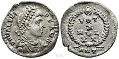 Roman Imperial Coins VALENS (364-378). Siliqua. Antioch. Obv: D N VALENS P F AVG. Diademed, draped and cuirassed bust right. Rev: VOT / X / MVL / XX / ANT. Legend in four lines within wreath. RIC 33c.