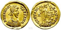 Roman Imperial Coins HONORIUS (393-423). GOLD Solidus. Ravenna. Obv: D N HONORIVS P F AVG. Diademed, draped and cuirassed bust right. Rev: VICTORIA AVGGG / R - V / COMOB. Honorius standing right, with