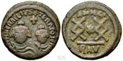Byzantine Coins HERACLIUS with HERACLIUS CONSTANTINE (610-641). Follis. Ravenna. Dated RY 6 (615/6). Obv: DD NN HЄRACLIVS ЄT ЄRA CONS. Crowned, draped and cuirassed facing busts of Heraclius, with sho