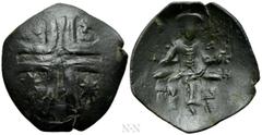 Medieval Coins BULGARIA. Second Empire. Konstantin I Asen (1257-1277). Ae Trachy. Obv: IC - XC. Large cross pattée; star in third and fourth quarters. Rev: Konstantin I seated facing on throne, holdin