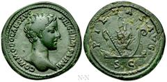 Roman Imperial Coins COMMODUS (Caesar, 166-177). As. Rome. Obv: COMMODO CAES AVG FIL GERM SARM. Bare head right. Rev: PIETAS AVG / S C. Emblems of the pontificate: secespita, aspergillum, guttus, litu