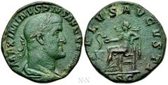 Roman Imperial Coins MAXIMINUS THRAX (235-238). Sestertius. Rome. Obv: MAXIMINVS PIVS AVG GERM. Laureate, draped and cuirassed bust right. Rev: SALVS AVGVSTI / S C. Salus seated left on throne, feedin