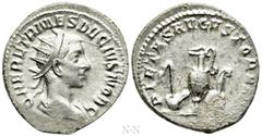 Roman Imperial Coins HERENNIUS ETRUSCUS (Caesar, 249-251). Antoninianus. Rome. Obv: Q HER ETR MES DECIVS NOB C. Radiate and draped bust right. Rev: PIETAS AVGVSTORVM. Emblems of the pontificate: asper