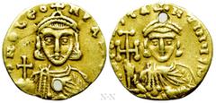 Byzantine Coins LEO III THE "ISAURIAN" with CONSTANTINE V (717-741). GOLD Tremissis. Constantinople. Obv: δ N O LЄON P A MЧL. Crowned facing bust of Leo, wearing chlamys, holding globus cruciger and a