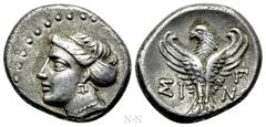 Greek Coins PAPHLAGONIA. Sinope. Hemidrachm (Circa 330-250 BC). Obv: Head of nymph left, with hair in sakkos. Rev: ΣΙ - ΝΩ. Eagle facing, head left, wings displayed; Π (or monogram) to right. SNG BM B