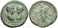 Roman Provincial Coins MOESIA INFERIOR. Marcianopolis. Macrinus, with Diadumenian (217-218). Ae Pentassarion. Pontianus, legatus consularis. Obv: AV K OΠEΛ CEVΗ MAKPEINOC K M OΠEΛ ANTΩNEINOC. Draped b