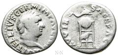 Roman Imperial Coins VITELLIUS (69). Denarius. Rome. Obv: A VITELLIVS GERM IMP AVG TR P. Laureate head right. Rev: XV VIR SACR FAC. Tripod surmounted by dolphin right; below, raven right. RIC² 109. Co