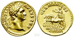 Roman Imperial Coins DOMITIAN (81-96). GOLD Aureus. Rome. Obv: DOMITIANVS AVGVSTVS. Laureate head right. Rev: GERMANICVS / COS XVI. Domitian riding left in triumphal quadriga, holding branch and scept