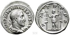 Roman Imperial Coins MAXIMINUS THRAX (235-238). Denarius. Rome. Obv: IMP MAXIMINVS PIVS AVG. Laureate, draped and cuirassed bust right. Rev: P M TR P P P. Maximinus standing left, raising hand and hol