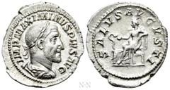 Roman Imperial Coins MAXIMINUS THRAX (235-238). Denarius. Rome. Obv: IMP MAXIMINVS PIVS AVG. Laureate, draped and cuirassed bust right. Rev: SALVS AVGVSTI. Salus seated left on throne, feeding serpent