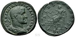 Roman Imperial Coins MAXIMINUS THRAX (235-238). Sestertius. Rome. Obv: MAXIMINVS PIVS AVG GERM. Laureate, draped and cuirassed bust right. Rev: SALVS AVGVSTI / S C. Salus seated left on throne, feedin