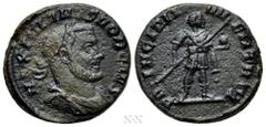 Roman Imperial Coins GALERIUS MAXIMIANUS (Caesar, 293-305). Ae Fraction. Rome. Obv: MAXIMIANVS NOB CAES. Laureate, draped and cuirassed bust right. Rev: PRINCIPI IVVENTVT. Galerius standing right, hol