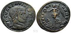 Roman Imperial Coins MAXENTIUS (307-312). Follis. Rome. Obv: IMP C MAXENTIVS P F AVG. Laureate head right. Rev: VICTORIA AVG N / REQ(?). Victory advancing left, holding wreath and palm branch; to left