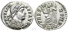 Roman Imperial Coins VALENS (364-378). Siliqua. Treveri. Obv: D N VALENS P F AVG. Diademed, draped and cuirassed bust right. Rev: VRBS ROMA / TRPS•. Roma seated left on throne, holding victoriola and 