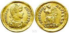 Roman Imperial Coins THEODOSIUS I (379-395). GOLD Solidus. Constantinople. Obv: D N THEODOSIVS P F AVG. Diademed, draped and cuirassed bust right. Rev: CONCORDIA AVGGG B / CONOB. Constantinopolis seat