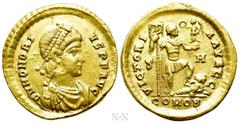 Roman Imperial Coins HONORIUS (393-423). GOLD Solidus. Sirmium. Obv: D N HONORIVS P F AVG. Diademed, draped and cuirassed bust right. Rev: VICTORIA AVGGG A / S - M / COMOB. Honorius standing right, wi
