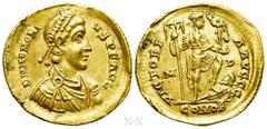 Roman Imperial Coins HONORIUS (393-423). GOLD Solidus. Mediolanum. Obv: D N HONORIVS P F AVG. Diademed, draped and cuirassed bust right. Rev: VICTORIA AVGGG / M - D / COMOB. Honorius standing right, w