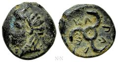 Greek Coins DYNASTS OF LYCIA. Perikles (Circa 380-360 BC). Ae. Obv: Horned head of Pan left. Rev: Triskeles. Müseler VIII, 52–5; SNG von Aulock 4257-8. Condition: Near extremely fine. Weight: 2.27 g. 