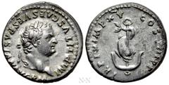 Roman Imperial Coins TITUS (79-81). Denarius. Rome. Obv: IMP TITVS CAES VESPASIAN AVG P M. Laureate head right. Rev: TR P IX IMP XV COS VIII P P. Dolphin coiled around anchor. RIC² 112. Condition: Goo