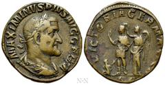 Roman Imperial Coins MAXIMINUS THRAX (235-238). Sestertius. Rome. Obv: MAXIMINVS PIVS AVG GERM. Laureate, draped and cuirassed bust right. Rev: VICTORIA GERMANICA / SC. Maximinus standing left, holdin