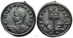 Roman Imperial Coins CRISPUS (Caesar, 316-326). Follis. Ticinum. Obv: CRISPVS NOB CAES. Laureate, draped and cuirassed bust left, holding shield and spear. Rev: VIRTVS EXERCIT / S T. Vexillum inscribe