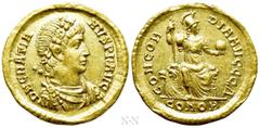 Roman Imperial Coins GRATIAN (367-383). Gold Solidus. Constantinople. Obv: D N GRATIANVS P F AVG. Diademed, draped and cuirassed bust right. Rev: CONCORDIA AVGGG Δ / CONOB. Constantinopolis seated fac