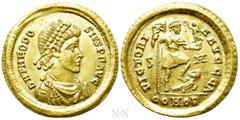 Roman Imperial Coins THEODOSIUS I (379-395). GOLD Solidus. Sirmium. Obv: D N THEODOSIVS P F AVG. Pearl-diademed, darped and cuirassed bust right. Rev: VICTORIA AVGGG A / S - M / COMOB. Emperor standin