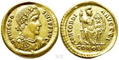 Roman Imperial Coins THEODOSIUS I (379-395). GOLD Solidus. Constantinople. Obv: D N THEODOSIVS P F AVG. Diademed, draped and cuirassed bust right. Rev: CONCORDIA AVGGG I / CONOB. Constantinopolis seat
