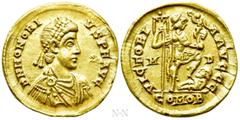 Roman Imperial Coins HONORIUS (393-423). GOLD Solidus. Mediolanum. Obv: D N HONORIVS P F AVG. Diademed, draped and cuirassed bust right. Rev: VICTORIA AVGGG / M - D / COMOB. Honorius standing right, w