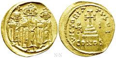 Byzantine Coins HERACLIUS with HERACLIUS CONSTANTINE and HERACLONAS (610-641). GOLD Solidus. Constantinople. Dated IY 10 (636/7). Obv: Heraclius, Heraclius Constantine and Heraclonas standing facing, 