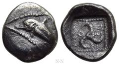 Greek Coins DYNASTS OF LYCIA. Uncertain dynast (Circa 480-460 BC). Obol. Uncertain mint, possibly Zagaba. Obv: Dolphin swimming left. Rev: Triskeles within pelleted square border; all within incuse sq