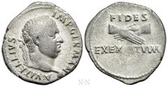 Roman Imperial Coins VITELLIUS (69). Denarius. Uncertain mint in Spain, possibly Tarraco. Obv: A VITELLIVS IMP GERMAN. Laureate head right, with globe at point of neck. Rev: FIDES EXERCITVVM. Clasped 