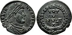 Roman Imperial Coins JOVIAN (363-364). Ae. Sirmium. Obv: D N IOVIANVS P F AVG. Diademed, draped and cuirassed bust right. Rev: VOT / V / MVLT / X / BSIRM. Legend in four lines within wreath. RIC 118. 