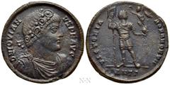 Roman Imperial Coins JOVIAN (363-364). Ae. Antioch. Obv: D N IOVIANVS P F AVG. Laurel and rosette-diademed, draped and cuirassed bust right. Rev: VICTORIA ROMANORVM / ANTΓ. Jovian standing facing, hea