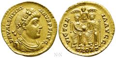 Roman Imperial Coins VALENTINIAN I (364-375). GOLD Solidus. Treveri. Obv: D N VALENTINIANVS P F AVG. Rosette-diademed, draped and cuirassed bust right. Rev: VICTORIA AVGG / TROBT. Valentinian and Vale