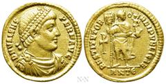 Roman Imperial Coins VALENS (364-378). GOLD Solidus. Antioch. Obv: D N VALENS PER F AVG. Diademed, draped and cuirassed bust right. Rev: RESTITVTOR REIPVBLICAE / ANTЄ. Valentinian standing facing, hea