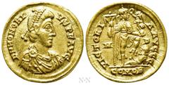 Roman Imperial Coins HONORIUS (393-423). GOLD Solidus. Mediolanum. Obv: D N HONORIVS P F AVG. Diademed, draped and cuirassed bust right. Rev: VICTORIA AVGGG / M - D / COMOB. Honorius standing right, w