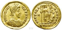 Roman Imperial Coins HONORIUS (393-423). GOLD Solidus. Ravenna. Obv: D N HONORIVS P F AVG. Diademed, draped and cuirassed bust right. Rev: VICTORIA AVGGG / R - V / COMOB. Honorius standing right, with
