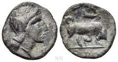 Greek Coins LUCANIA. Thourioi. Triobol (Circa 300-280 BC). Obv: Head of Athena right, wearing crested Attic helmet. Rev: ΘΟΥΡΙΩΝ. Bull butting right; above, Nike flying left. HN Italy 1882. Condition: