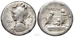 Roman Republican Coins P. NERVA. Denarius (113-112 BC). Rome. Obv: ROMA. Helmeted bust of Roma left, holding spear and shield decorated with horseman; crescent above, star to left. Rev: NERVA. Three c