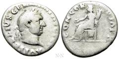 Roman Imperial Coins VITELLIUS (69). Denarius. Rome. Obv: A VITELLIVS GERM IMP AVG TR P. Laureate head right. Rev: CONCORDIA P R. Concordia seated left on throne, holding patera and cornucopia. RIC² 9