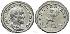 Roman Imperial Coins PUPIENUS (238). Denarius. Rome. Obv: IMP C M CLOD PVPIENVS AVG. Laureate, draped and cuirassed bust right. Rev: CONCORDIA AVGG. Concordia seated left on throne, holding patera and