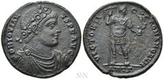 Roman Imperial Coins JOVIAN (363-364). Ae. Antioch. Obv: D N IOVIANVS P F AVG. Laurel and rosette-diademed, draped and cuirassed bust right. Rev: VICTORIA ROMANORVM / ANTΓ. Jovian standing facing, hea