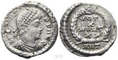 Roman Imperial Coins VALENS (364-378). Siliqua. Antioch. Obv: D N VALENS P F AVG. Diademed, draped and cuirassed bust right. Rev: VOT / X / MVLT / XX / ANT. Legend in four lines within wreath. RIC 34b