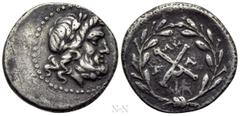 Greek Coins ACHAIA. Achaian League. Elis. Triobol or Hemidrachm (Circa 175-168 BC). Obv: Laureate head of Zeus right. Rev: League monogram; ΛY above, F - A across field; all within wreath. Benner 13; 